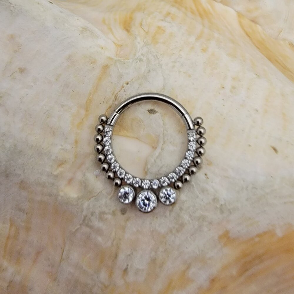 16G G23 Titanium 3 gem Clear CZ Hinged Segment Ring Septum Ring - 8mm